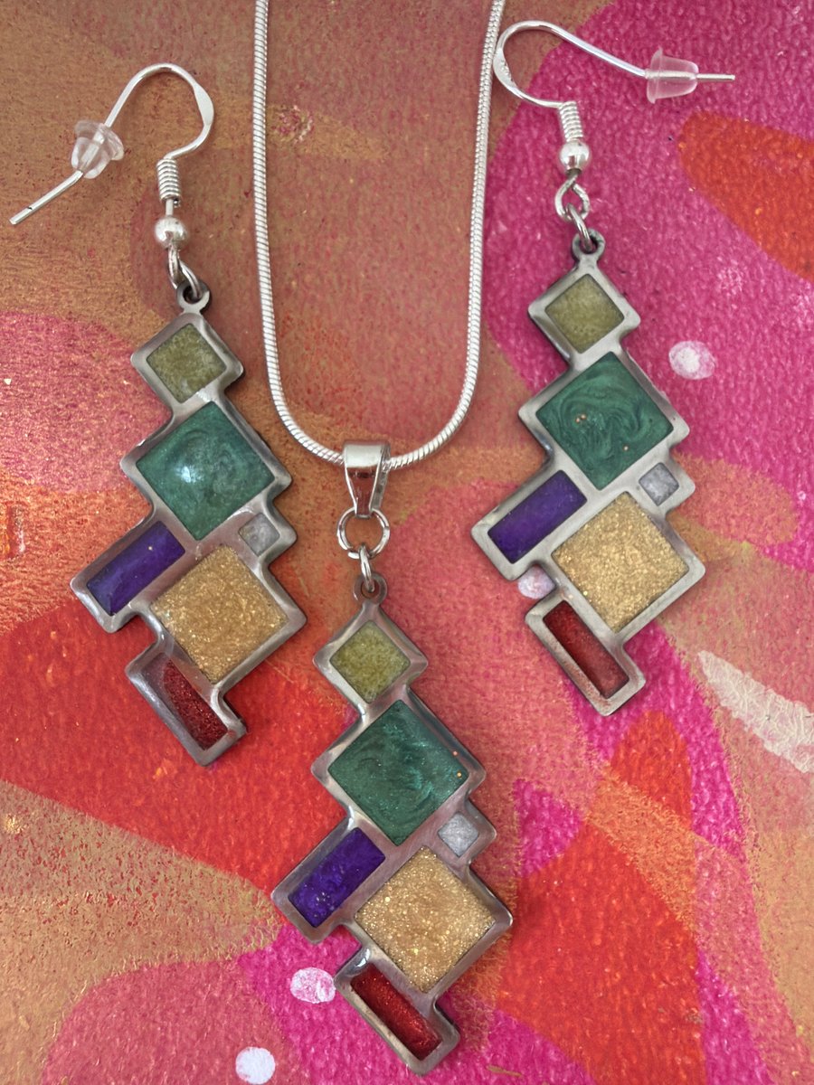 Geometric multi colour necklace and earring set