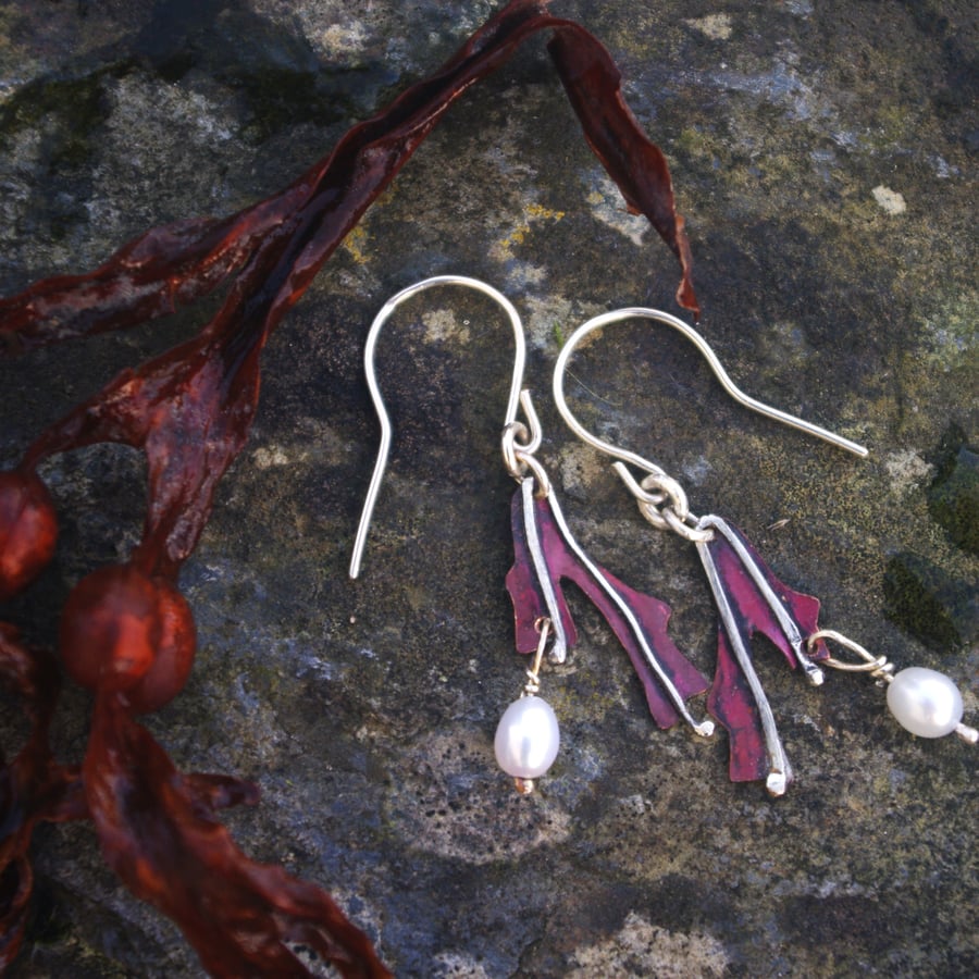 Copper Seaweed and Freshwater Pearl Earrings