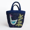 Navy tweed project bag with hand embroidered bird and dead nettle