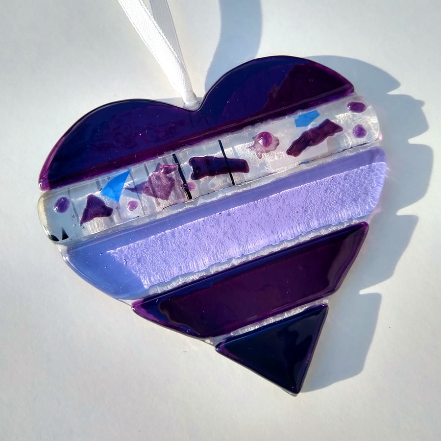 Purple textured fused glass heart light-catcher