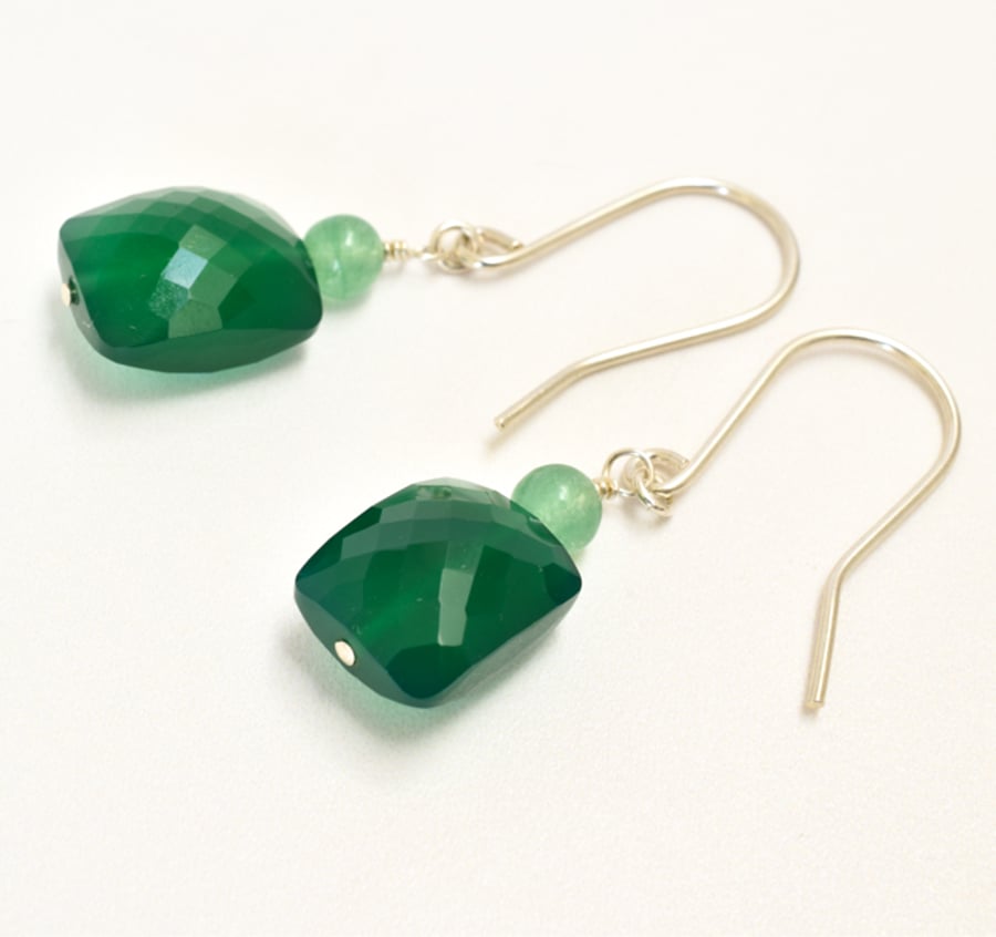 Green Onyx Rectangles topped with Aventurine Sterling Silver Earrings