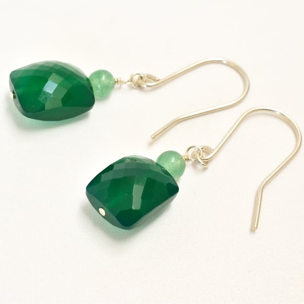 Green Onyx Rectangles topped with Aventurine Sterling Silver Earrings