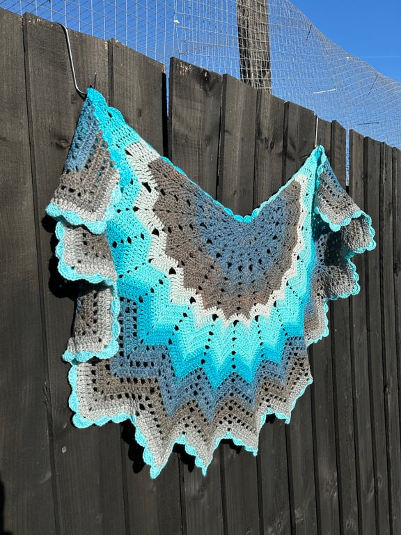 Half Star Crescent Lace Shawl Wrap in Aquamarine Blues and Turquoise
