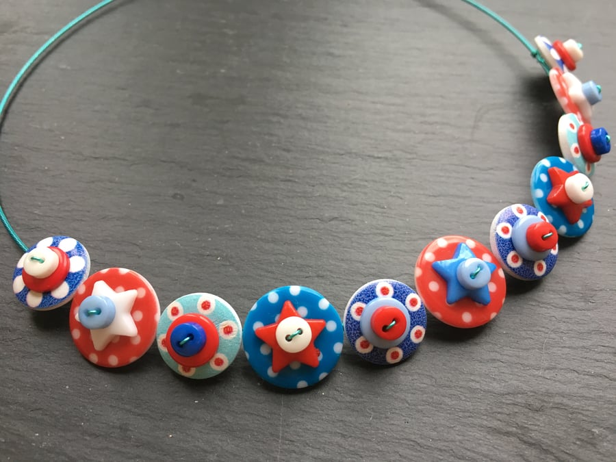 Spotted Star Button Choker Necklace Red White Blue