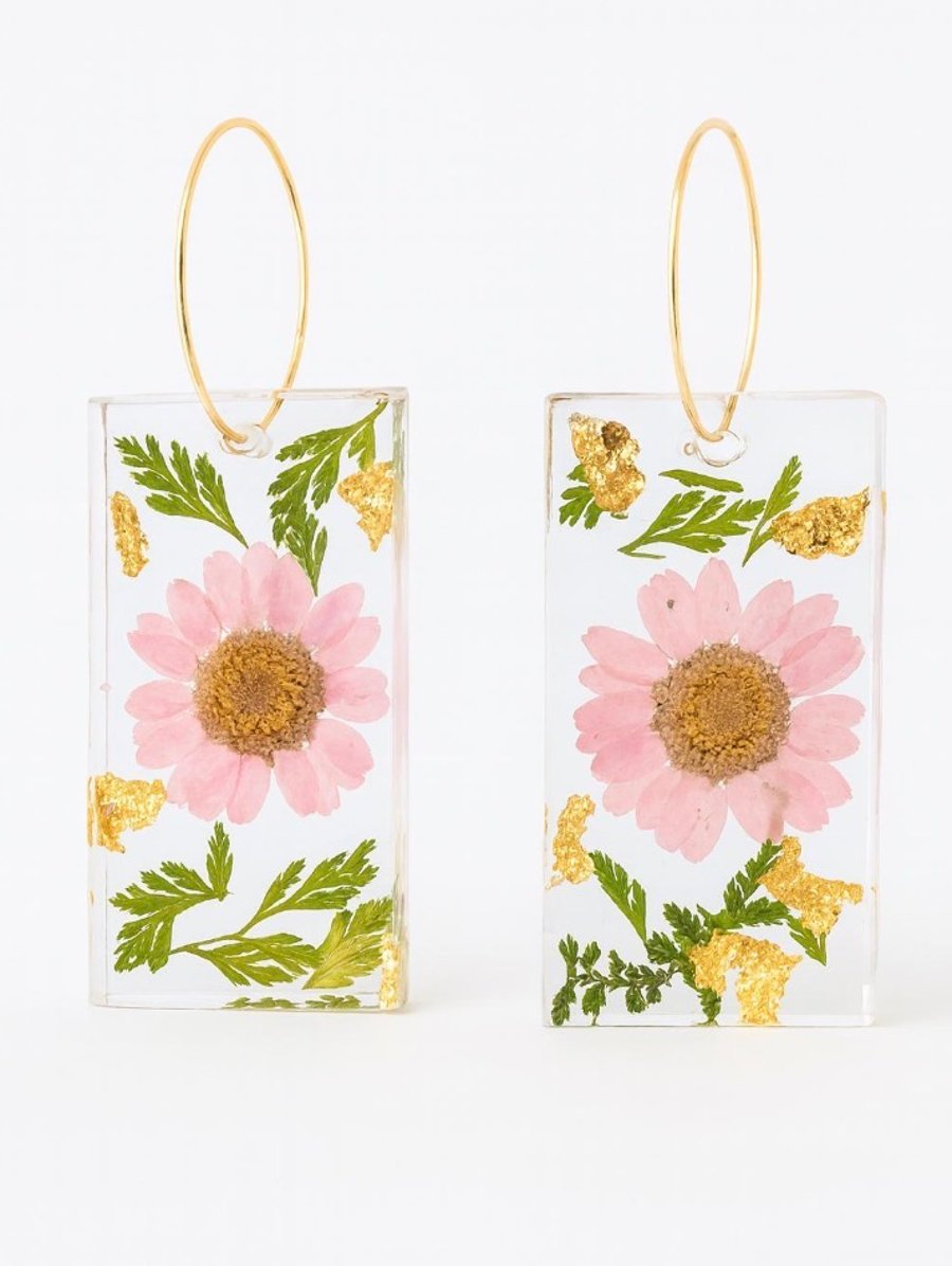 Purple Flower Resin Dangle Earrings with Gold Leaf Rectangle Hoops