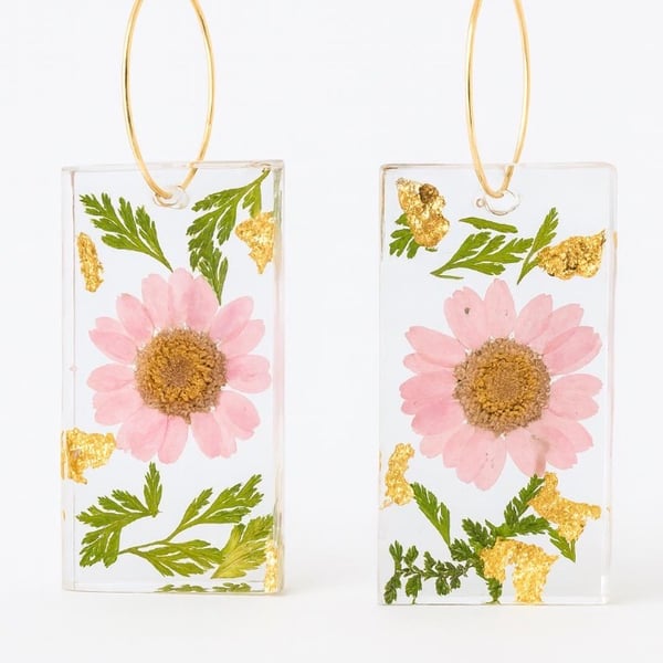 Purple Flower Resin Dangle Earrings with Gold Leaf Rectangle Hoops