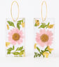 Purple Flower Resin Dangle Earrings with Gold Leaf Rectangle Hoops