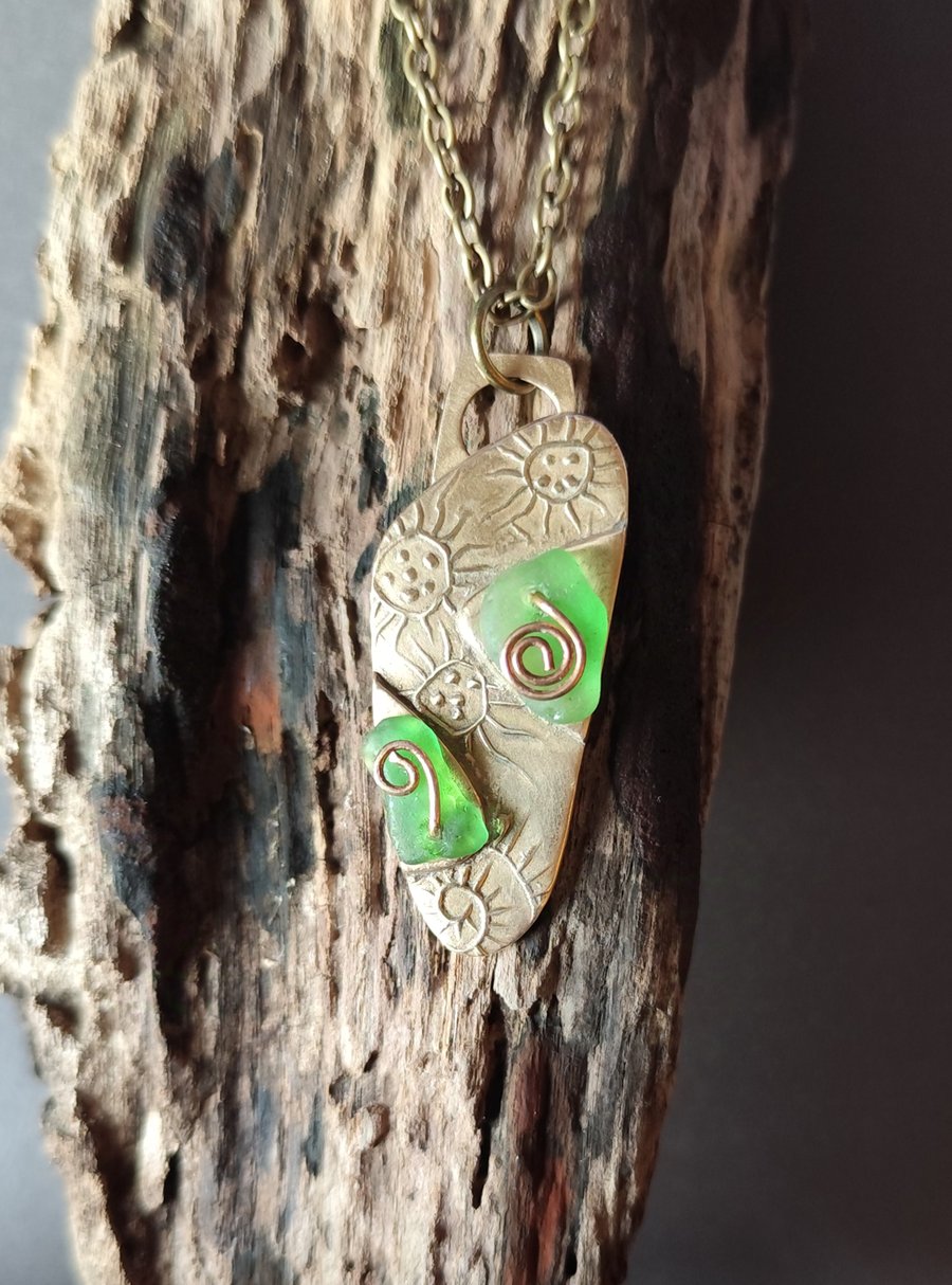Bronze and seaglass pendant, unique, repurposed, seaglass