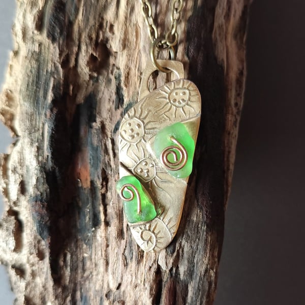 Bronze and seaglass pendant, unique, repurposed, seaglass