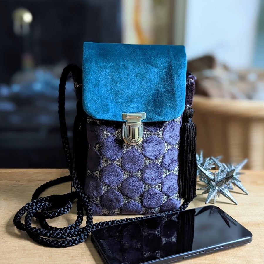 Dark Purple Chenille and Teal Velvet Cross Body Phone Bag