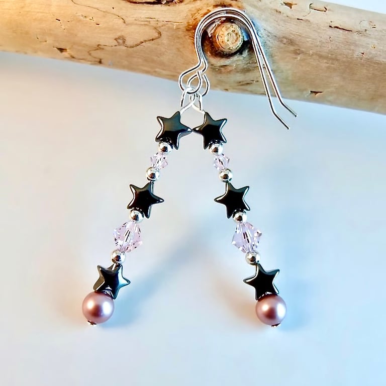 Hematite Star, Swarovski Crystal & Sterling Silver Earrings - Handmade In Devon