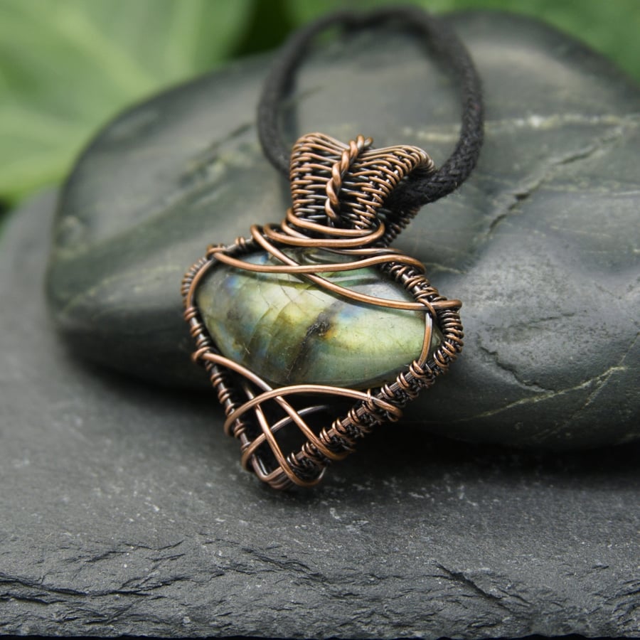 Copper Wire Wrapped Pendant - Yellow Green Labradorite Wire Weave Necklace