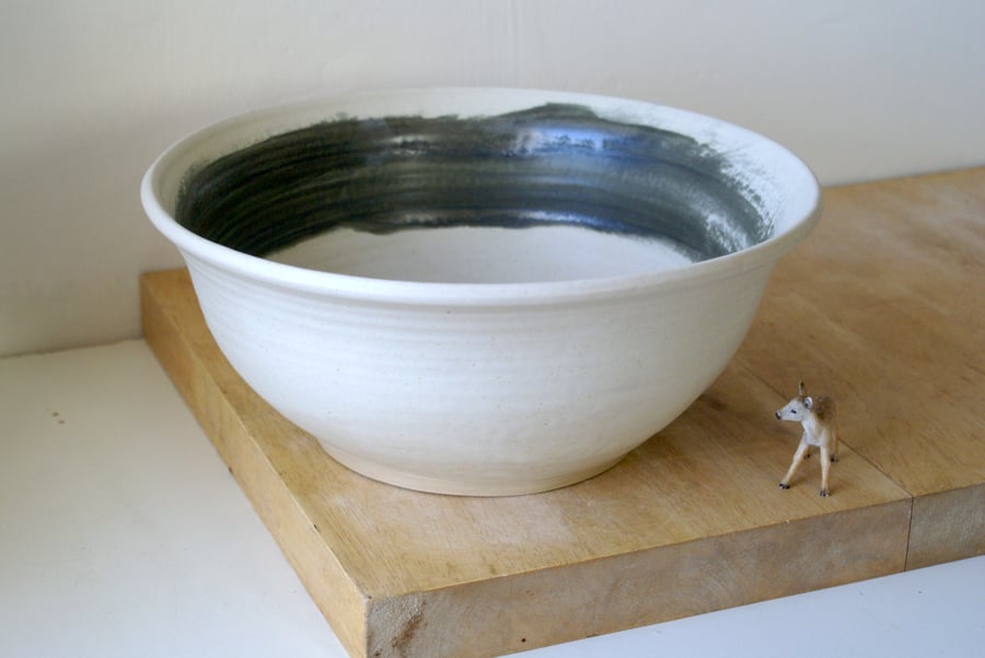 Large hand thrown fruit bowl - decorated in vanilla cream and black