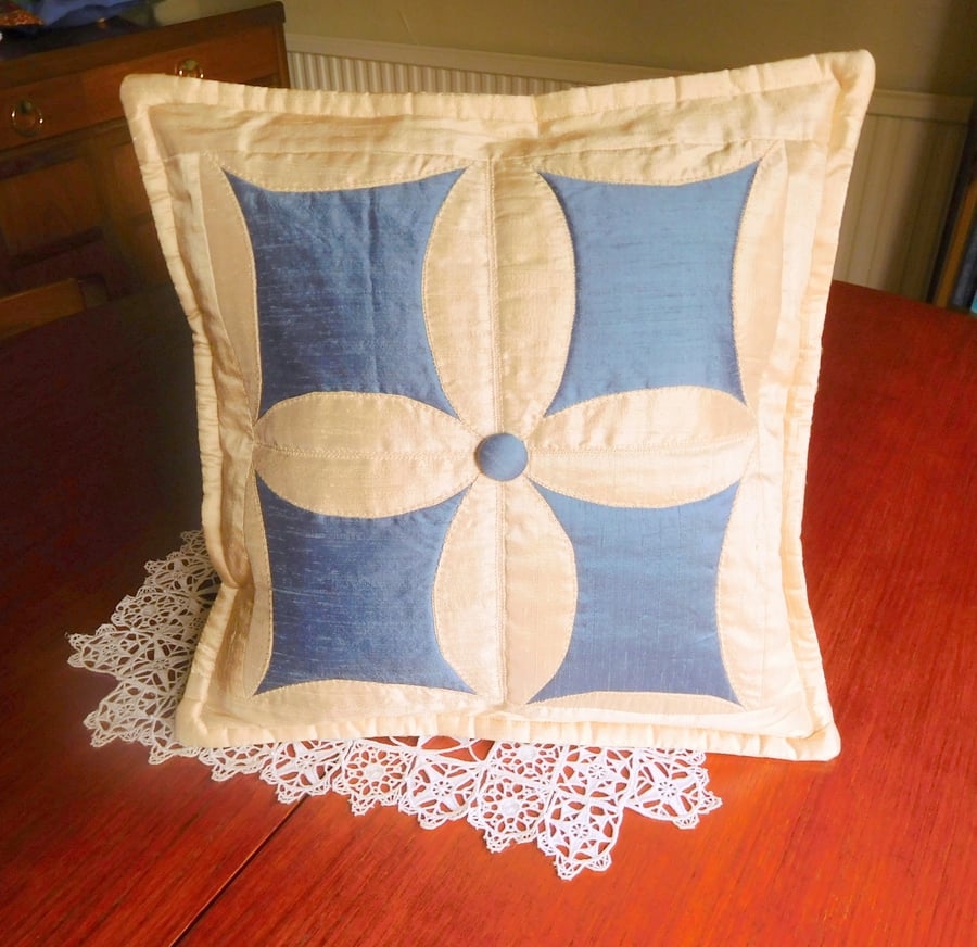 Cushion Quilted in Cream and Blue Silk - Cathedral Window