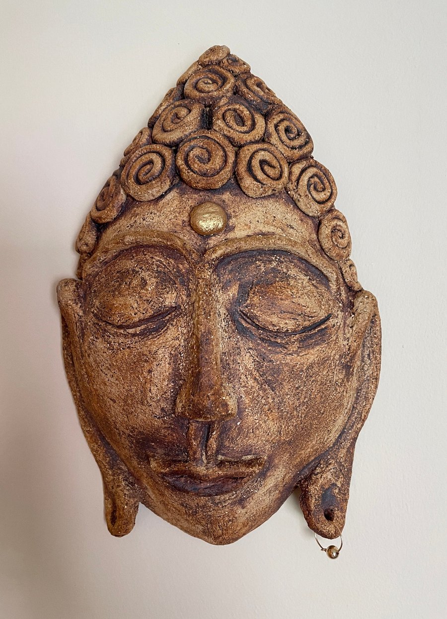 Peaceful buddha wall-art sculpture with gold earring
