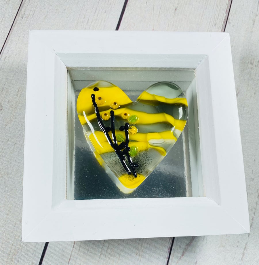 Gorgeous yellow and grey heart in a white box frame 