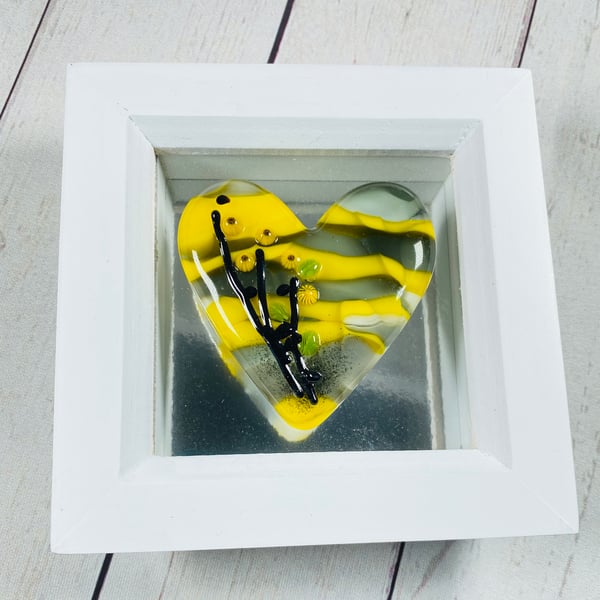Gorgeous yellow and grey heart in a white box frame 