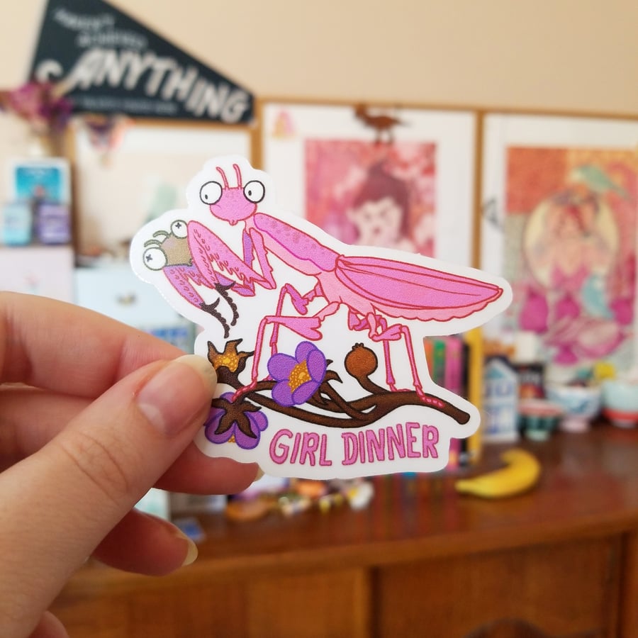 Praying Mantis Girl Dinner - insect feminist sticker