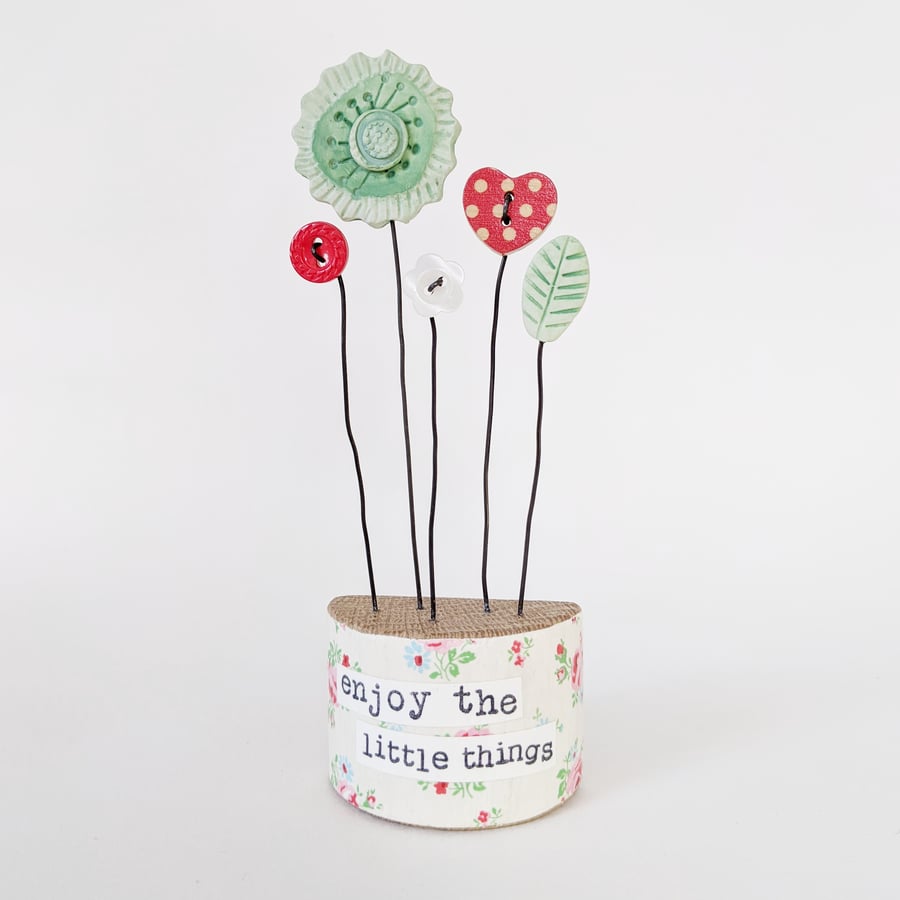 Clay and Button Flower Garden in a Floral Wood Block 'Enjoy the little things'