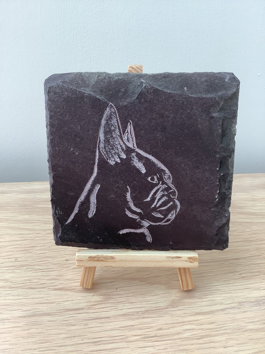 French Bulldog Pug Dog Profile  - original art picture hand carved on slate