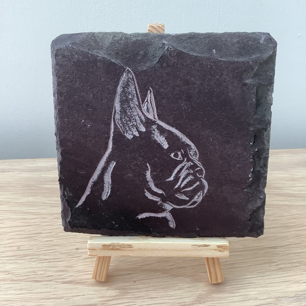 French Bulldog Pug Dog Profile  - original art picture hand carved on slate