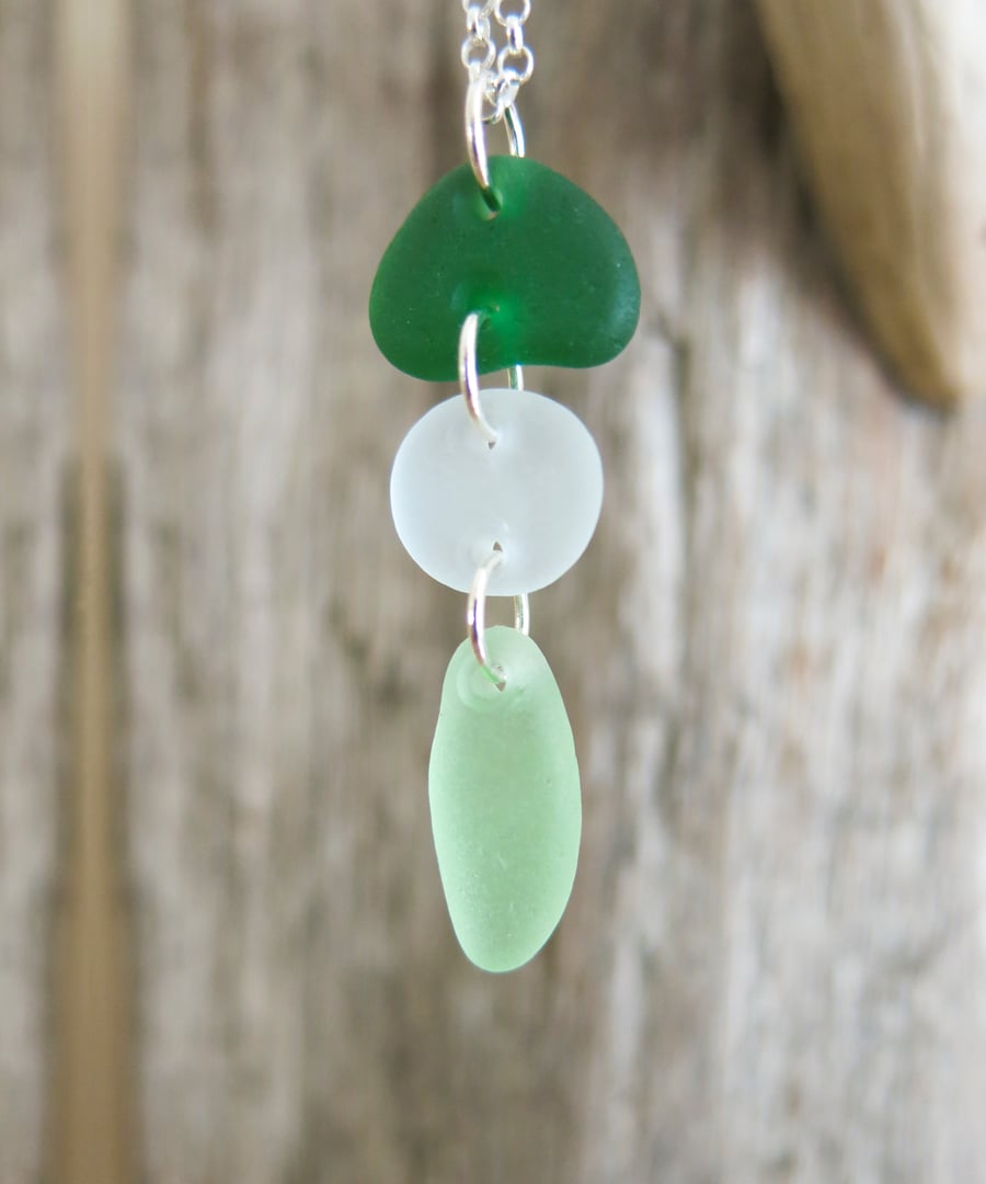 Sea Glass Necklace. Green Trio Pendant.