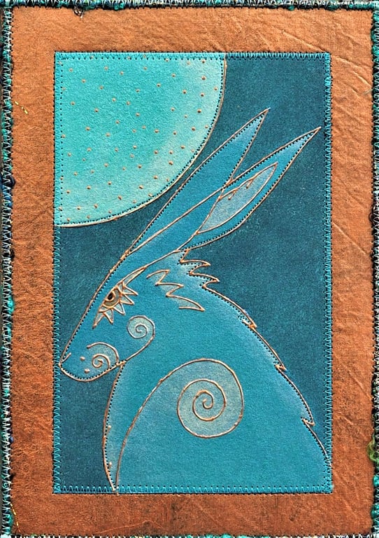 HHP161 - Moon Gazer Hare Wall-hanging - 17.5 x 25cm - Turquoise-Copper