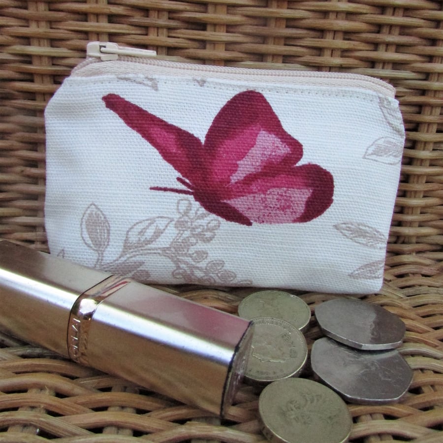 Small purse, coin purse - cream with red butterfly