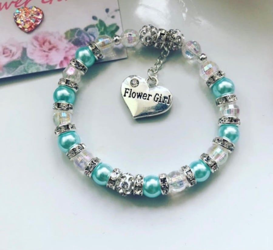 Turquoise flower girl charm bracelet rhinestone beaded bracelet for flower girl