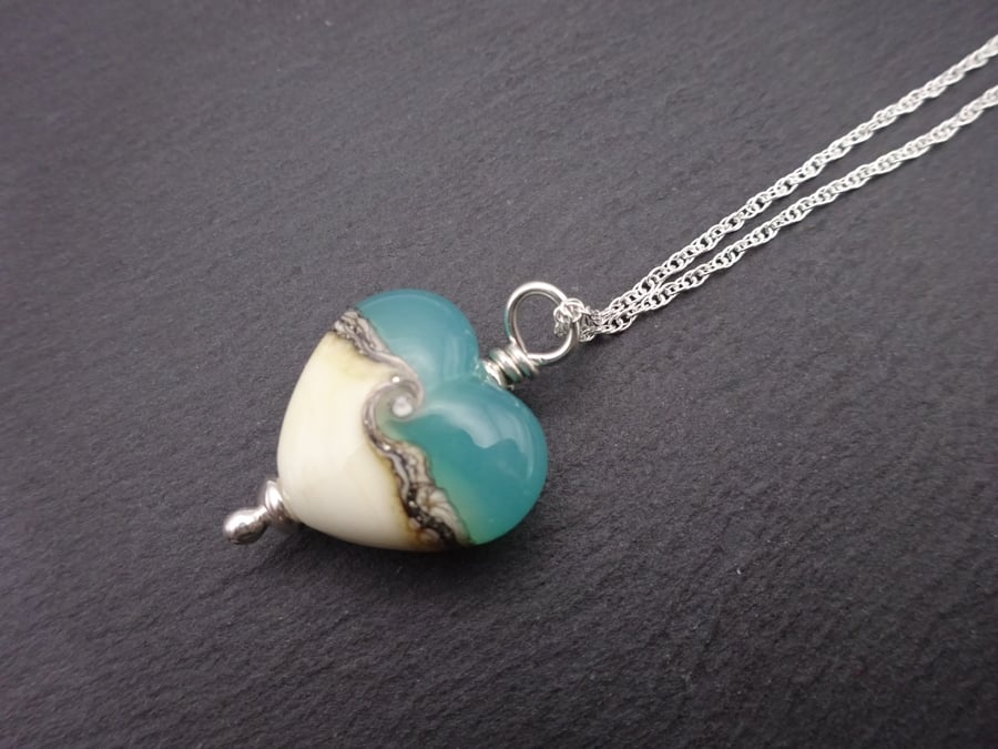 lampwork glass necklace, green and ivory beach heart pendant chain jewellery