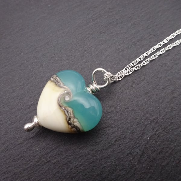 lampwork glass necklace, green and ivory beach heart pendant chain jewellery