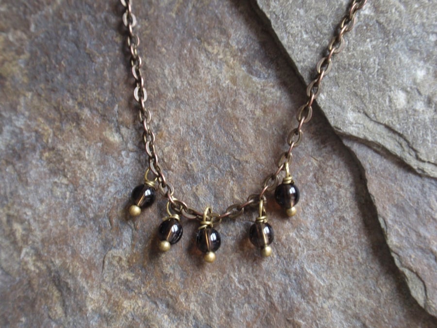Autumn smokey quartz necklace with bronze tone metal chain 