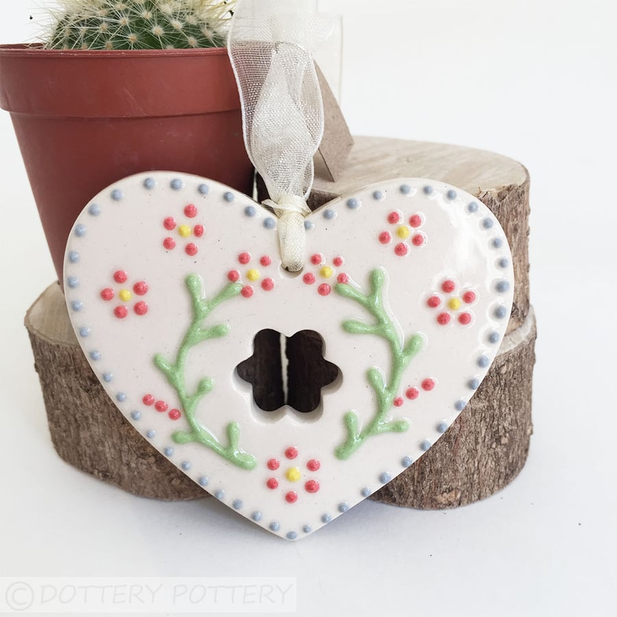 Ceramic Folk art heart hanging decoration Pottery Heart love heart 