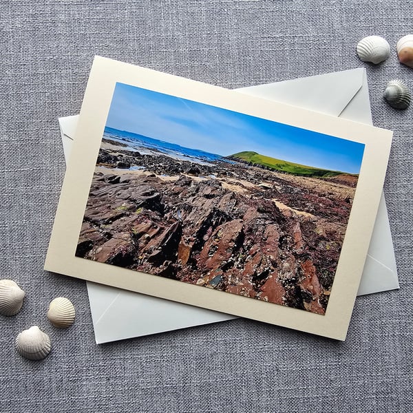 Manorbier Beach at Low Tide Large Photographic Card Size 7" x 5"