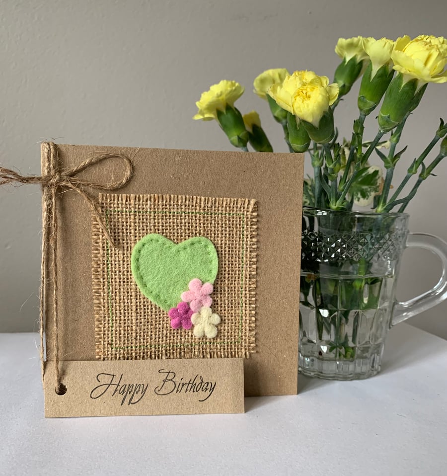 Birthday Card. Mint green heart with flowers. Wool felt. Handmade. 
