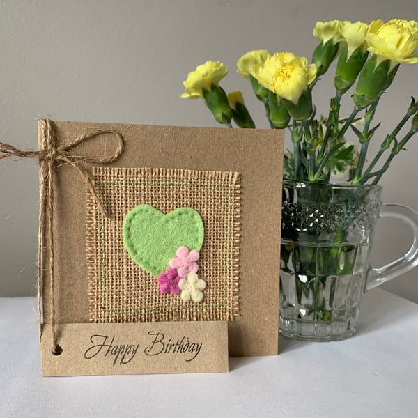 Birthday Card. Mint green heart with flowers. Wool felt. Handmade. 