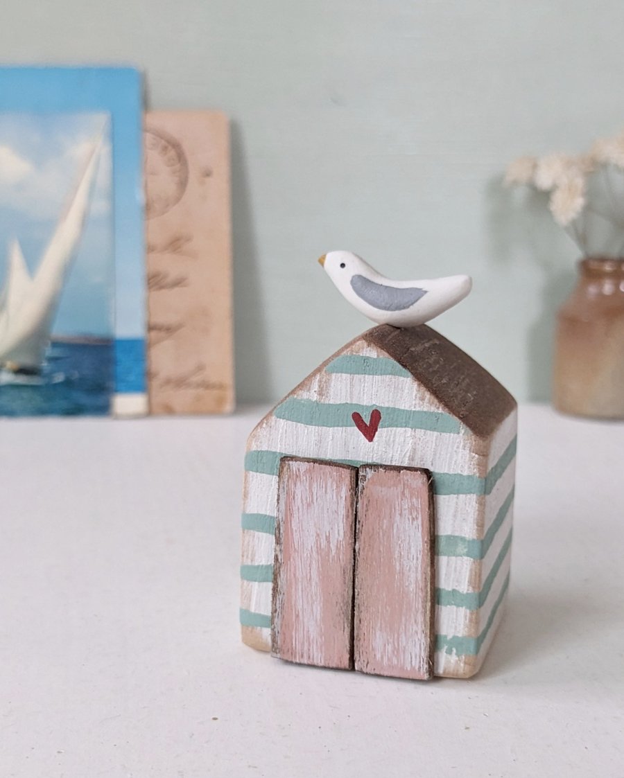 Hand Painted Wooden Beach Hut with Seagull 