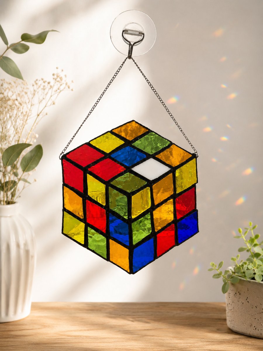 Handmade Stained Glass Rubik's Cube Suncatcher - Colourful Window Hanging