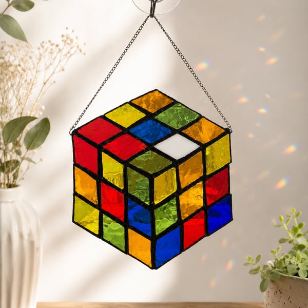 Handmade Stained Glass Rubik's Cube Suncatcher - Colourful Window Hanging