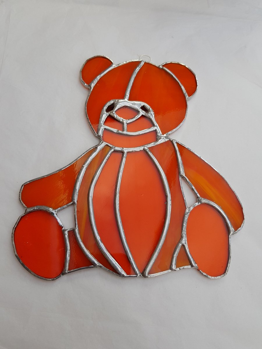 482 Stained Glass Orange Teddy Bear - handmade hanging decoration.