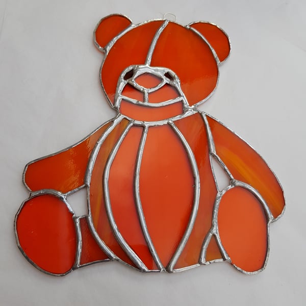482 Stained Glass Orange Teddy Bear - handmade hanging decoration.