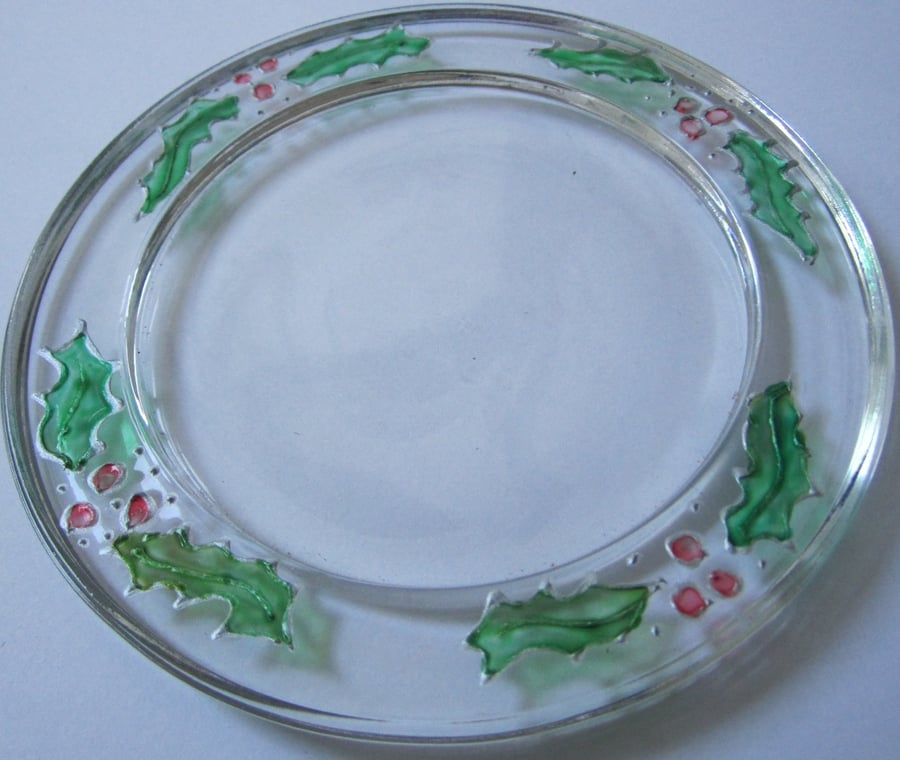Glass Coaster with 4 hand painted sets of holly leaves and berries