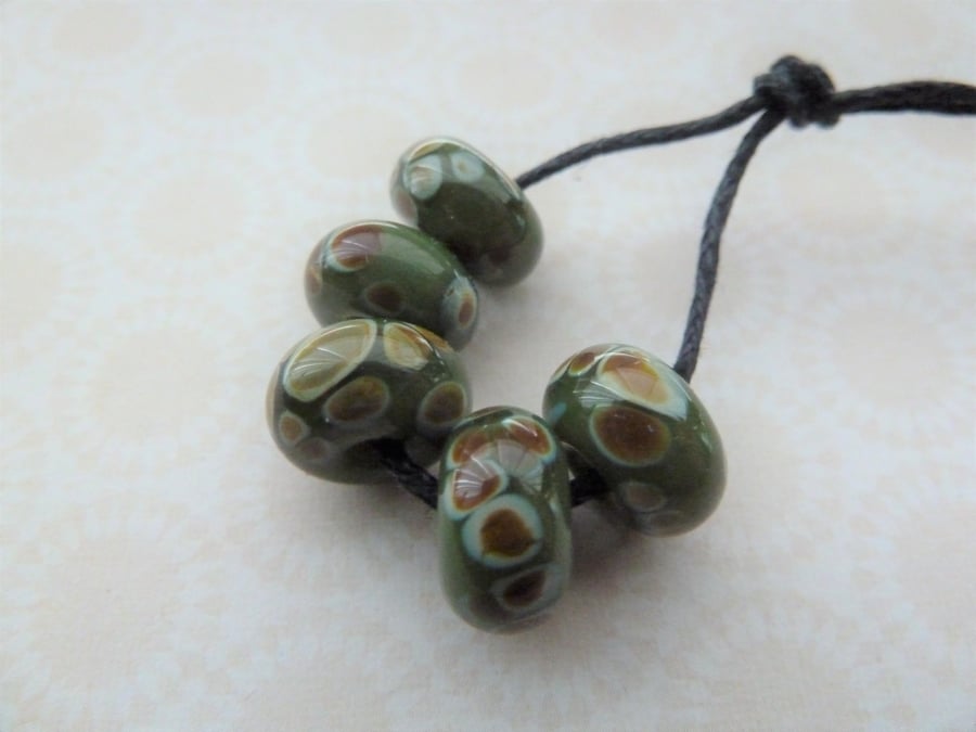 green raku, handmade lampwork glass bead set