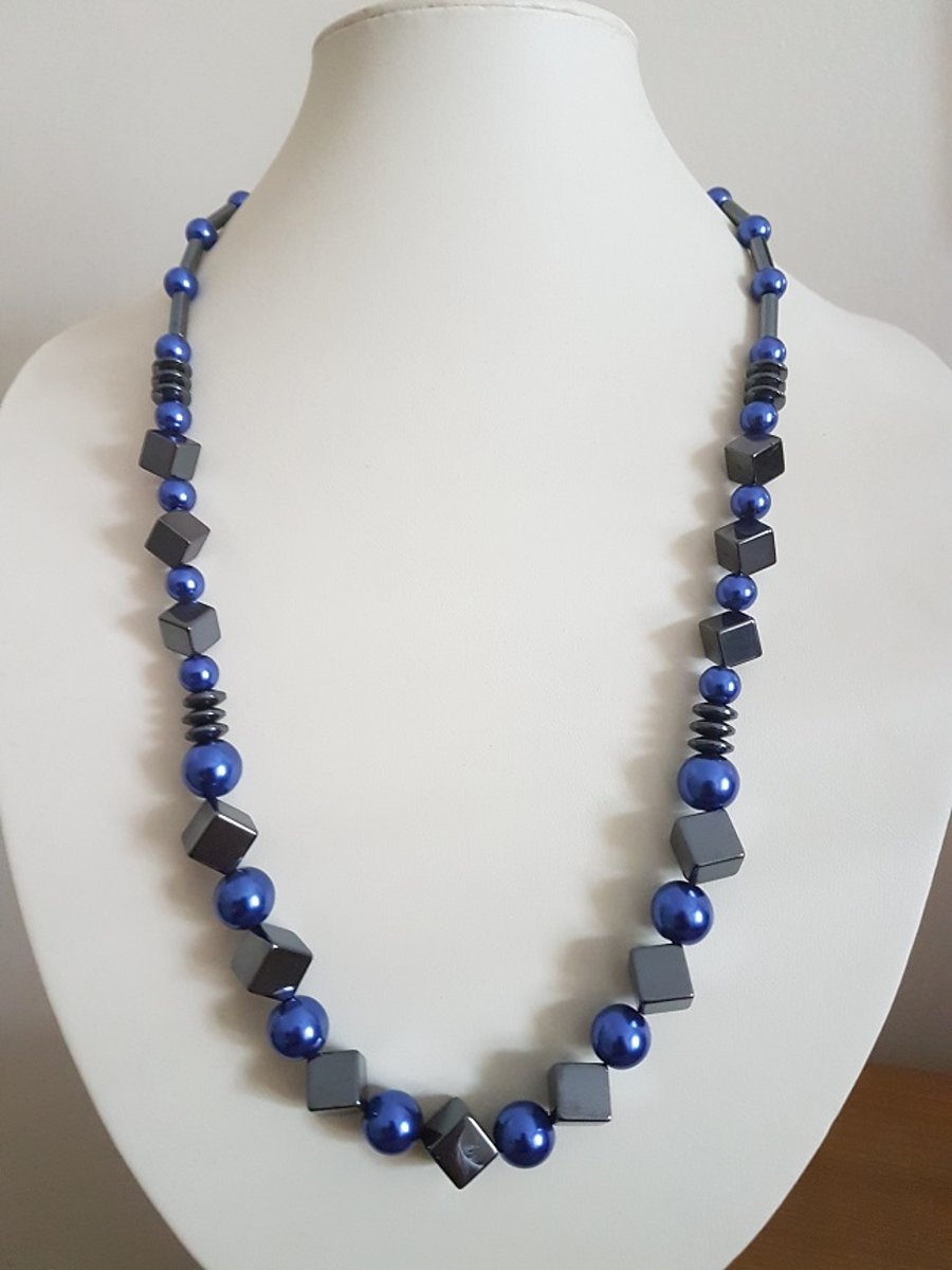 Bold Hematite and Glass Pearl - Blue