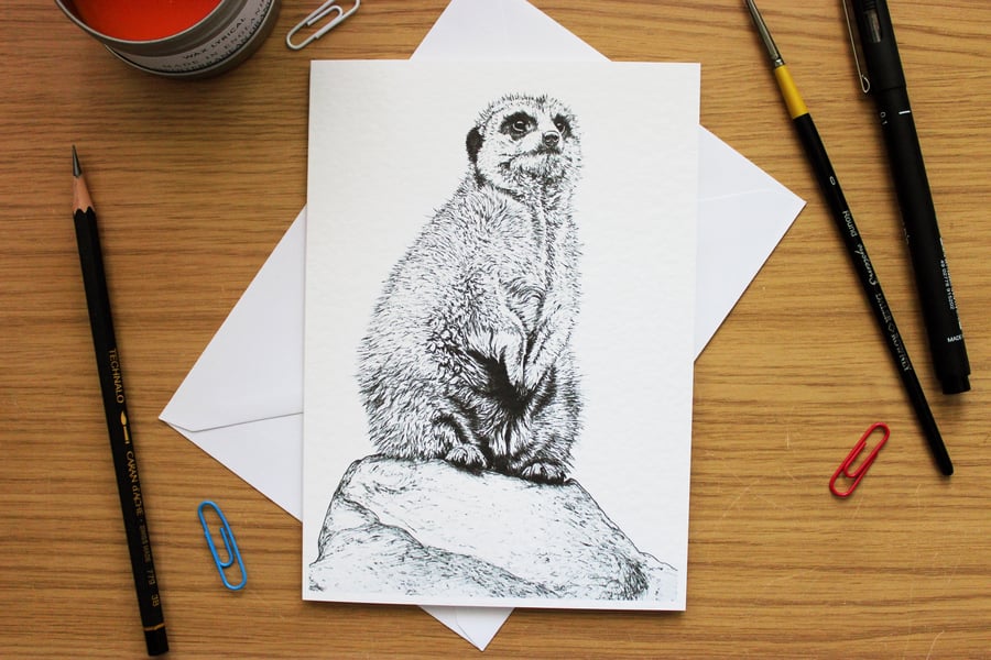 Meerkat Greeting Card - Blank Greeting Card, Wildlife Art Card, Free UK Post