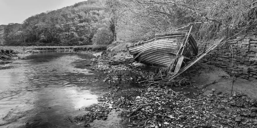 Abandoned boat panoramic black & white photo print, taken in Looe, Cornwall