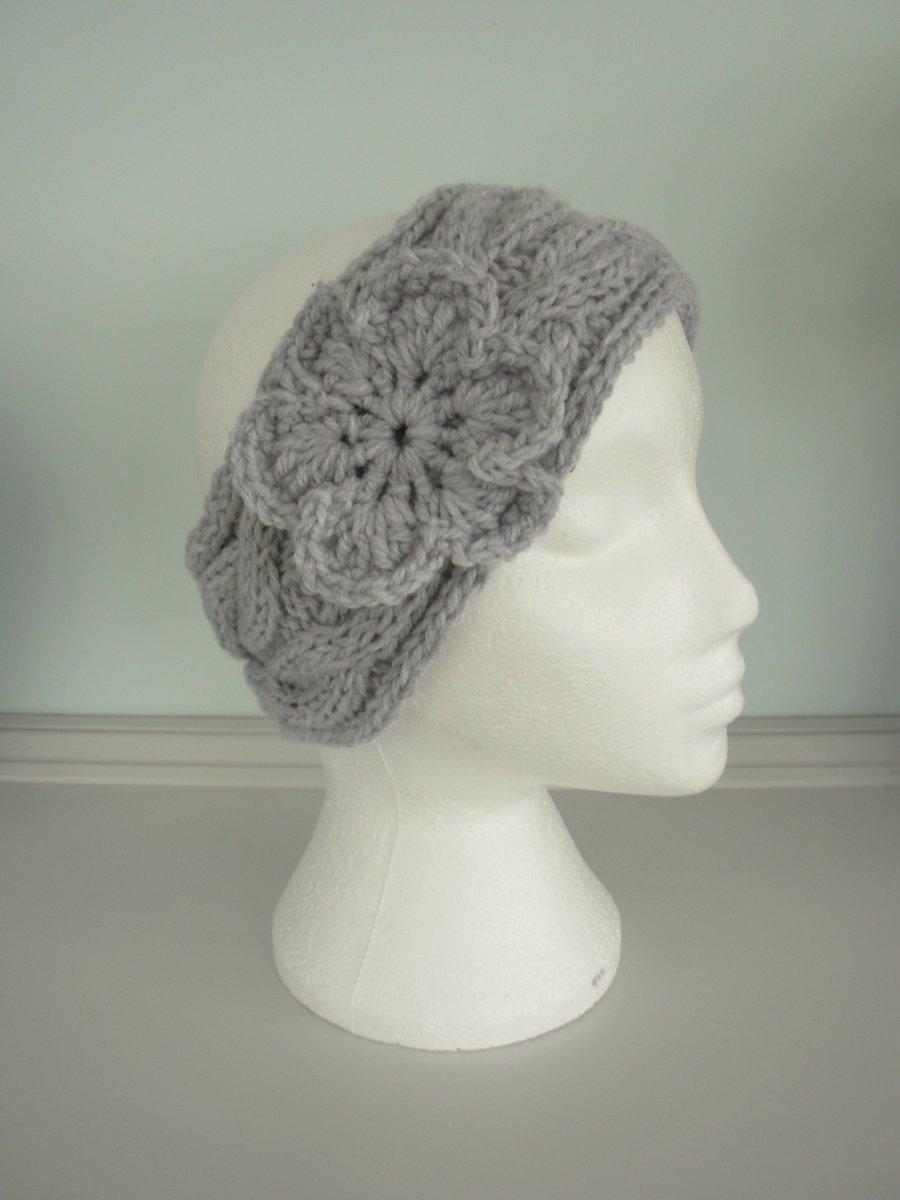 Hand Knitted Head Band Ear Warmers Ski Band Adults Light Grey
