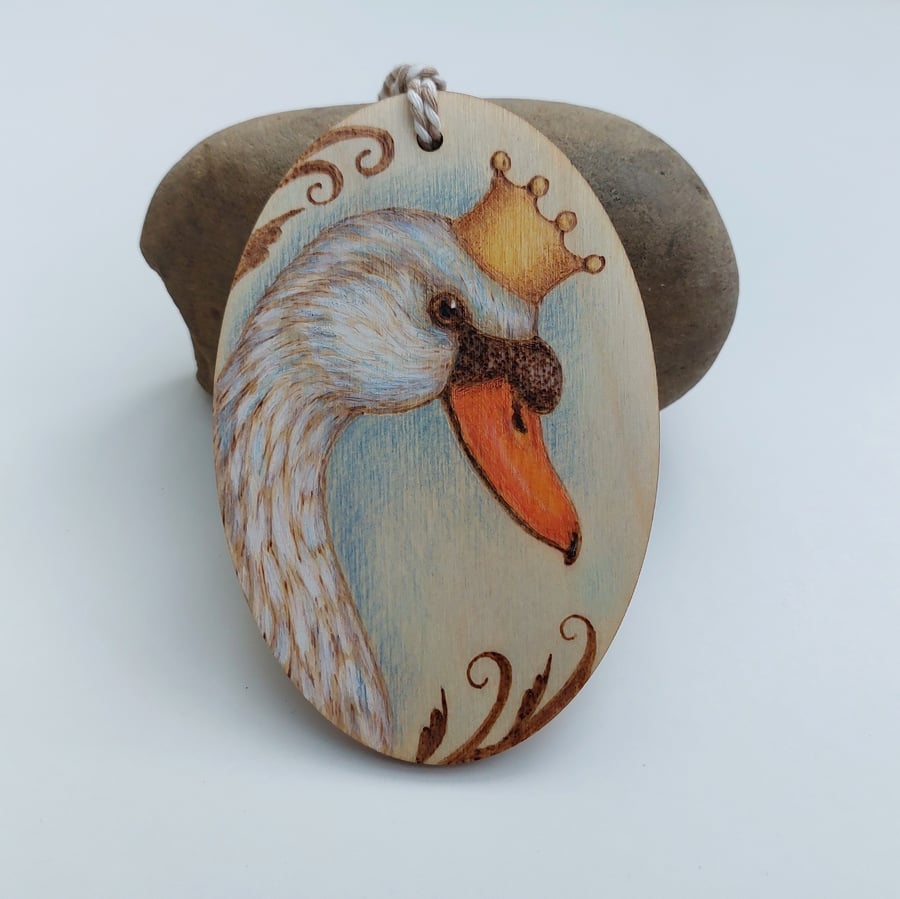 Swan pyrography and painted hanging ornament 