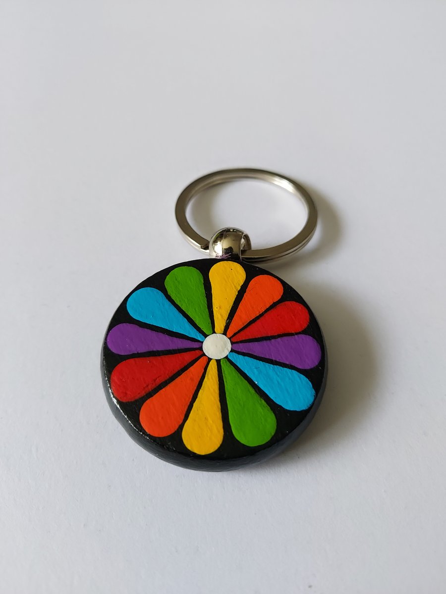 Wood Keyring With Rainbow Flower