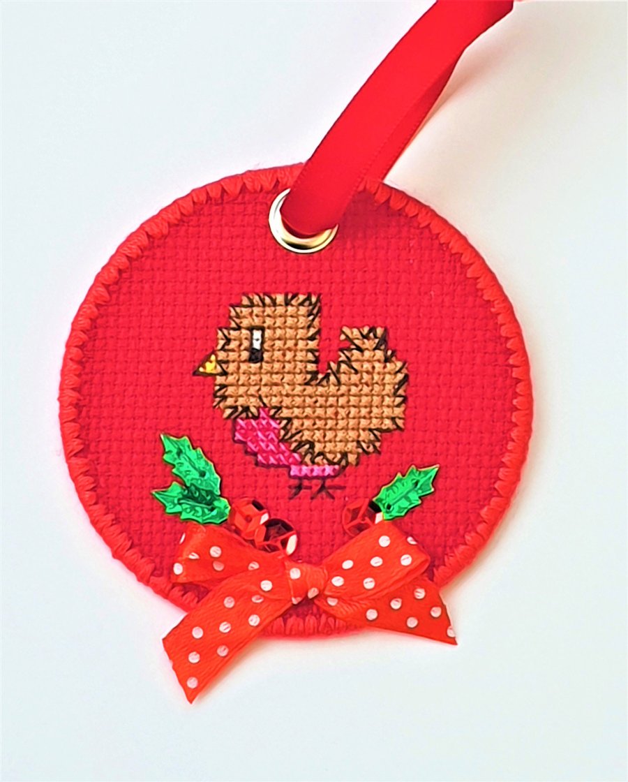 Christmas Robin and Holly Cross stitch hanging decoration